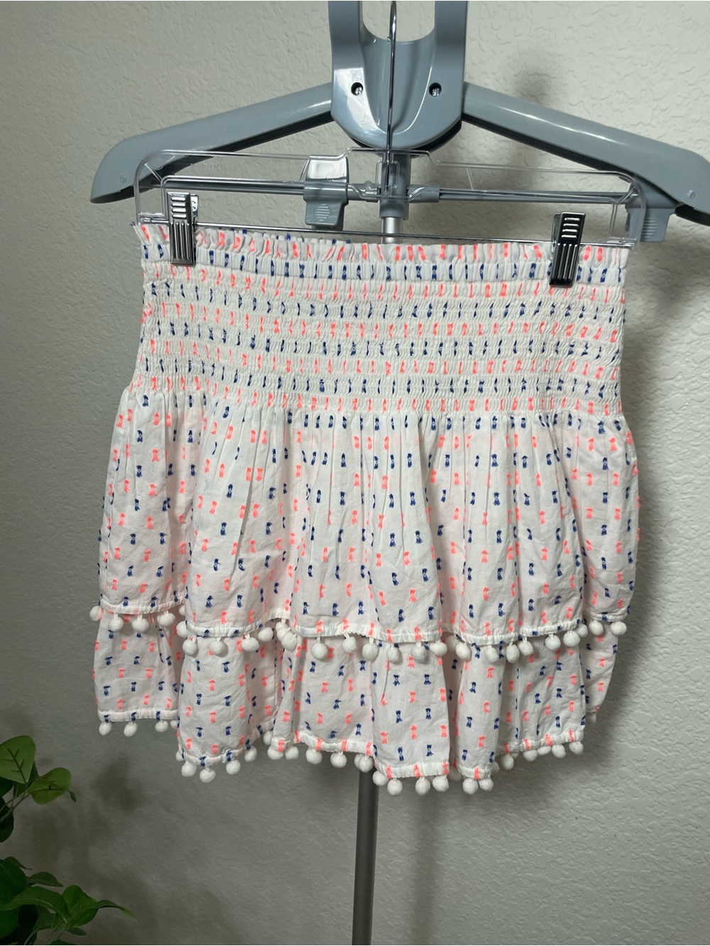 Lilly Pulitzer Smocked Pom Pom Mini Skirt XS White Neon Tassel Boho Beach